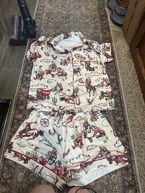 Cowboy Print Short Pajama Set in Cream with Red Trim